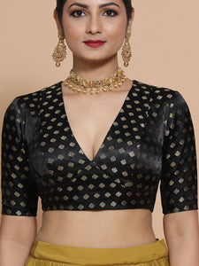 Nida x Tyohaar | Elbow Sleeves Satin Viscose Saree Blouse in Black Butta Fabric