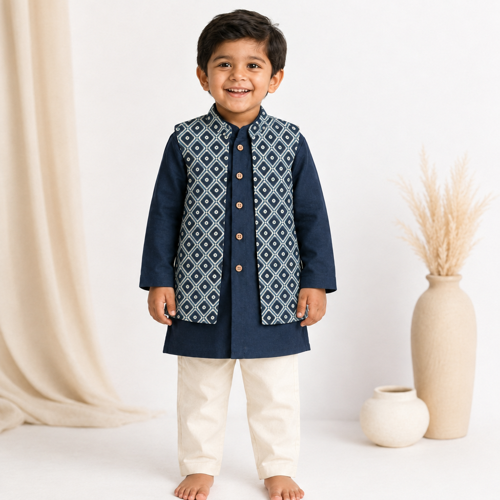 Kiro x Tyohaar | Kurta Pant & Jacket Set in Blue Honeycomb Cotton & Linen