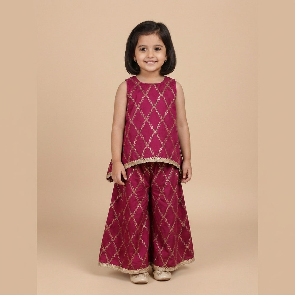 Poppy x Tyohaar | Rosy Pink Vine Mesh Brocade Tent Style Kurta & Flared Pant Set