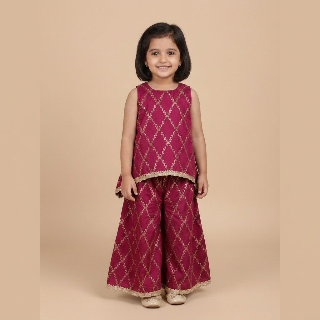 Poppy x Tyohaar | Rosy Pink Vine Mesh Brocade Tent Style Kurta & Flared Pant Set