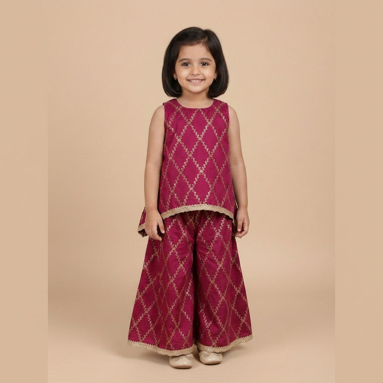 Poppy x Tyohaar | Rosy Pink Vine Mesh Brocade Tent Style Kurta & Flared Pant Set