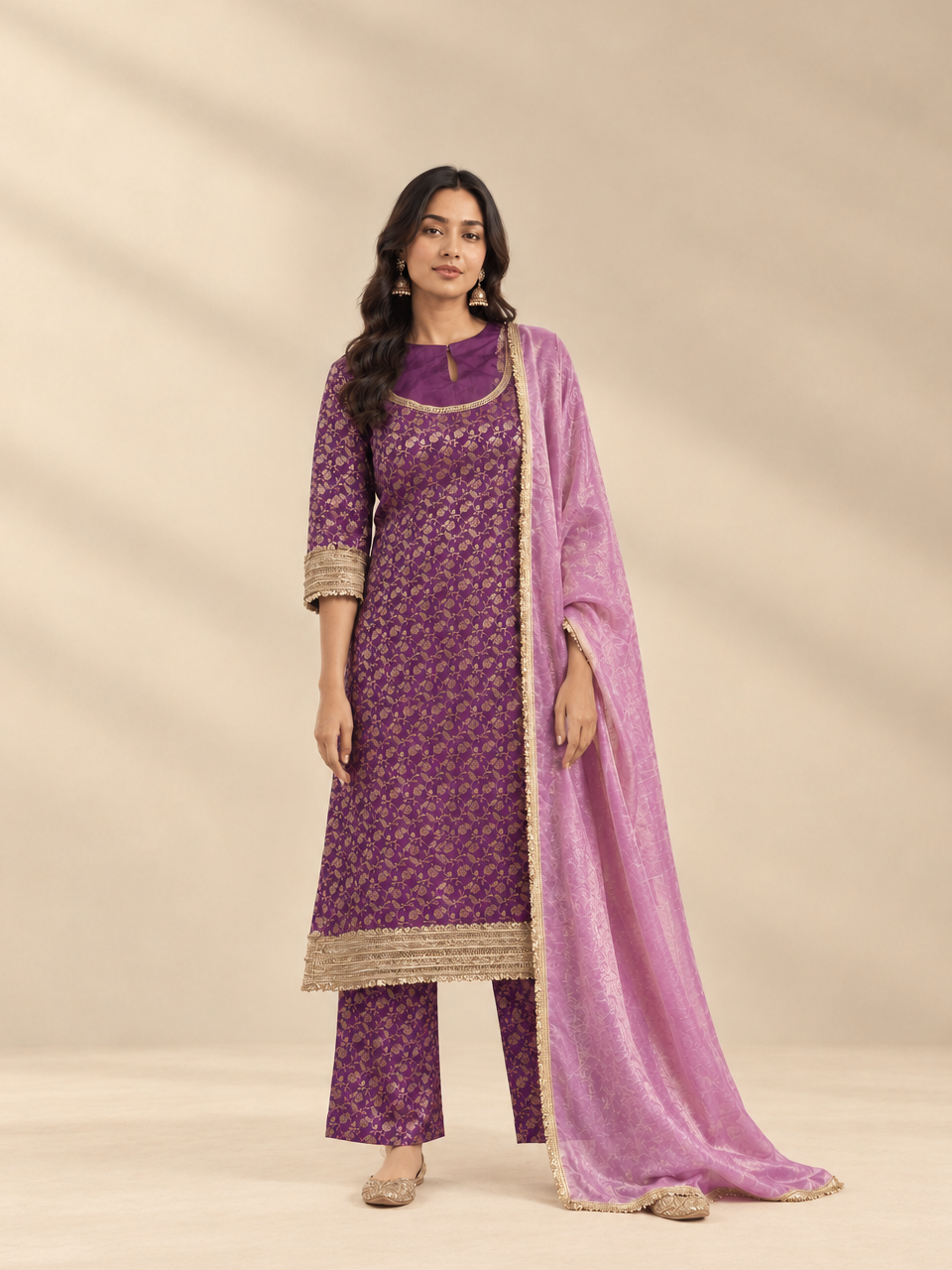 Saubhagya | Purple Iris Floral Jaal Brocade Kurta Set with Dupatta
