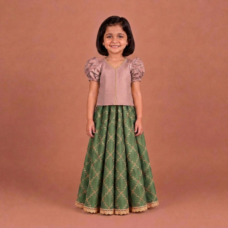 Timtim x Tyohaar | Dusty Rose & Deep Olive Chandheri-Brocade Ruffle Sleeve Lehenga Set