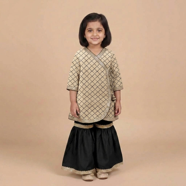 Mimi x Tyohaar | Angrakha-Sharara Set in Cream Fishscale Block Print Cotton