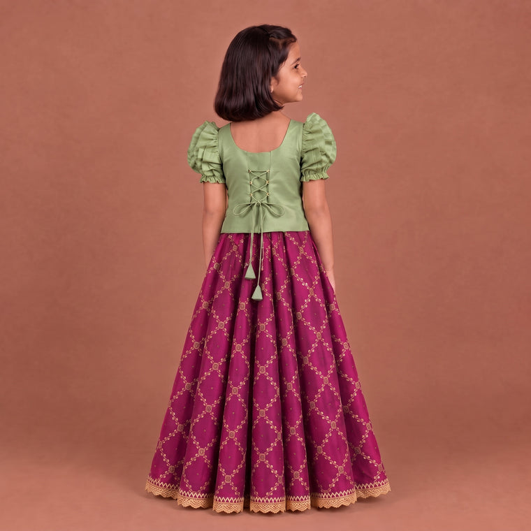 Timtim x Tyohaar | Light Green & Rosy Pink Chandheri-Brocade Ruffle Sleeve Lehenga Set
