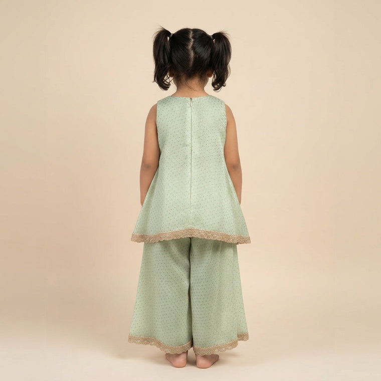 Kitty x Tyohaar | Light Green Foil Chandheri Tent Style Kurta & Flared Pant Set