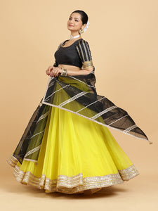 Farah Aziza 4-Pc Lehenga Set x Tyohaar | Lemon Yellow Lehenga, Charcoal Black Blouse with Chandni Black Dupatta and Cancan Skirt