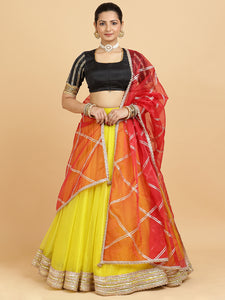 Farah Aziza 4-Pc Lehenga Set x Tyohaar | Lemon Yellow Lehenga, Charcoal Black Blouse with Leela Red Dupatta and Cancan Skirt