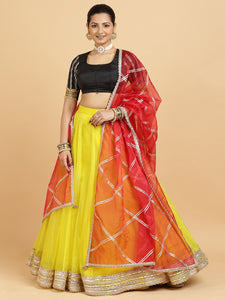 Farah Aziza 4-Pc Lehenga Set x Tyohaar | Lemon Yellow Lehenga, Charcoal Black Blouse with Leela Red Dupatta and Cancan Skirt