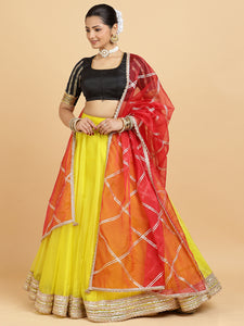 Farah Aziza 4-Pc Lehenga Set x Tyohaar | Lemon Yellow Lehenga, Charcoal Black Blouse with Leela Red Dupatta and Cancan Skirt