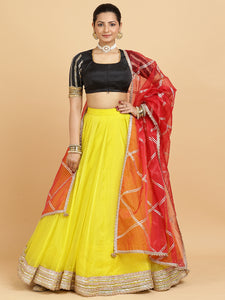 Farah Aziza 4-Pc Lehenga Set x Tyohaar | Lemon Yellow Lehenga, Charcoal Black Blouse with Leela Red Dupatta and Cancan Skirt