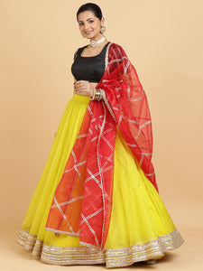 Farah Aziza 4-Pc Lehenga Set x Tyohaar | Lemon Yellow Lehenga, Charcoal Black Blouse with Leela Red Dupatta and Cancan Skirt