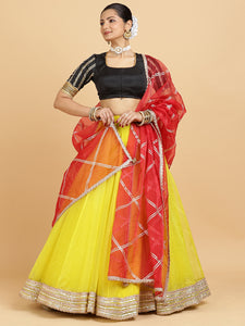 Farah Aziza 4-Pc Lehenga Set x Tyohaar | Lemon Yellow Lehenga, Charcoal Black Blouse with Leela Red Dupatta and Cancan Skirt