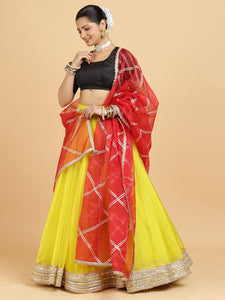 Farah Aziza 4-Pc Lehenga Set x Tyohaar | Lemon Yellow Lehenga, Charcoal Black Blouse with Leela Red Dupatta and Cancan Skirt