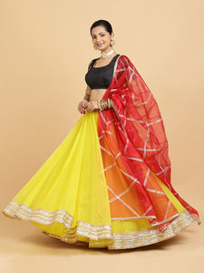 Farah Aziza 4-Pc Lehenga Set x Tyohaar | Lemon Yellow Lehenga, Charcoal Black Blouse with Leela Red Dupatta and Cancan Skirt