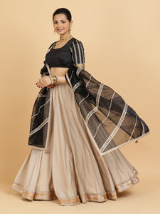 Zainab Aziza 3-Piece Lehenga Set | Oyster Grey Lehenga, Charcoal Black Blouse | With Chandni Black Dupatta