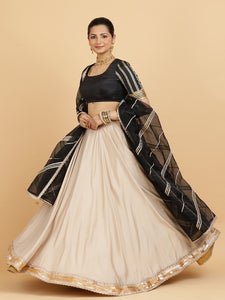 Zainab Aziza 3-Piece Lehenga Set | Oyster Grey Lehenga, Charcoal Black Blouse | With Chandni Black Dupatta