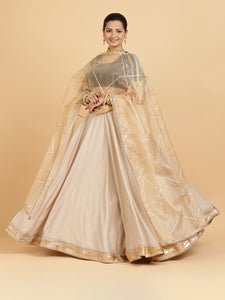 Zainab Aziza 3-Piece Lehenga Set | Oyster Grey Lehenga, Charcoal Black Blouse | With Sunheri Gold Dupatta