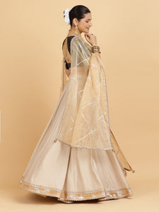 Zainab Aziza 3-Piece Lehenga Set | Oyster Grey Lehenga, Charcoal Black Blouse | With Sunheri Gold Dupatta