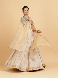 Zainab Aziza 3-Piece Lehenga Set | Oyster Grey Lehenga, Charcoal Black Blouse | With Sunheri Gold Dupatta