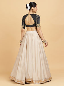 Zainab Aziza 3-Piece Lehenga Set | Oyster Grey Lehenga, Charcoal Black Blouse | With Sunheri Gold Dupatta