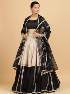 Mastani Aziza 4-Pc Lehenga Set x Tyohaar | Grey Black Colour Blocked Lehenga, Charcoal Black Blouse with Chandni Black Dupatta and Cancan Skirt