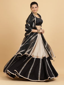 Mastani Aziza 4-Pc Lehenga Set x Tyohaar | Grey Black Colour Blocked Lehenga, Charcoal Black Blouse with Chandni Black Dupatta and Cancan Skirt