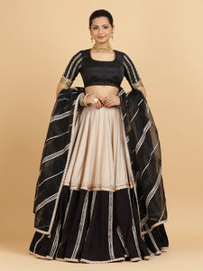 Mastani Aziza 3-Piece Lehenga Set | Grey Black Colour Blocked Lehenga, Charcoal Black Blouse | With Chandni Black Dupatta