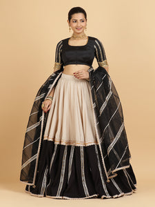 Mastani Aziza 3-Piece Lehenga Set | Grey Black Colour Blocked Lehenga, Charcoal Black Blouse | With Chandni Black Dupatta