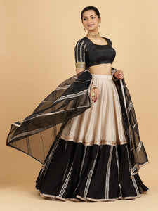 Mastani Aziza 4-Pc Lehenga Set x Tyohaar | Grey Black Colour Blocked Lehenga, Charcoal Black Blouse with Chandni Black Dupatta and Cancan Skirt