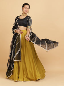 Jhalak Aziza 4-Pc Lehenga Set x Tyohaar | Mustard Lehenga, Charcoal Black Blouse with Chandni Black Dupatta and Cancan Skirt