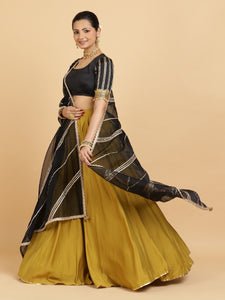 Jhalak Aziza 4-Pc Lehenga Set x Tyohaar | Mustard Lehenga, Charcoal Black Blouse with Chandni Black Dupatta and Cancan Skirt