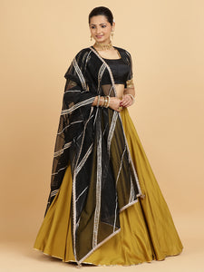 Jhalak Aziza 4-Pc Lehenga Set x Tyohaar | Mustard Lehenga, Charcoal Black Blouse with Chandni Black Dupatta and Cancan Skirt