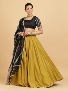 Jhalak Aziza 4-Pc Lehenga Set x Tyohaar | Mustard Lehenga, Charcoal Black Blouse with Chandni Black Dupatta and Cancan Skirt