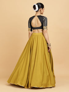 Jhalak Aziza 4-Pc Lehenga Set x Tyohaar | Mustard Lehenga, Charcoal Black Blouse with Chandni Black Dupatta and Cancan Skirt