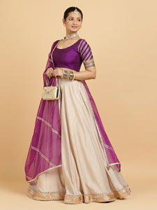 Zainab Anisha 3-Piece Lehenga Set | Oyster Grey Lehenga, Purple Blouse | With Falak Purple Dupatta