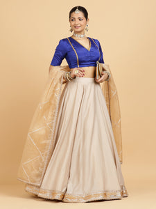 Zainab Begum 3-Piece Lehenga Set | Oyster Grey Lehenga, Cobalt Blue Blouse | With Sunheri Gold Dupatta