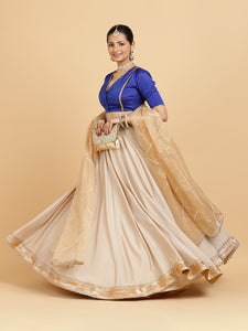 Zainab Begum 3-Piece Lehenga Set | Oyster Grey Lehenga, Cobalt Blue Blouse | With Sunheri Gold Dupatta