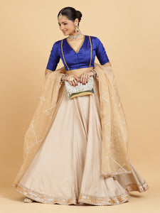 Zainab Begum 3-Piece Lehenga Set | Oyster Grey Lehenga, Cobalt Blue Blouse | With Sunheri Gold Dupatta