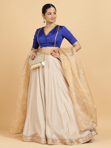 Zainab Begum 3-Piece Lehenga Set | Oyster Grey Lehenga, Cobalt Blue Blouse | With Sunheri Gold Dupatta