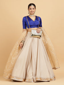 Zainab Begum 3-Piece Lehenga Set | Oyster Grey Lehenga, Cobalt Blue Blouse | With Sunheri Gold Dupatta