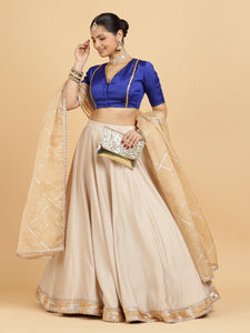 Zainab Begum 3-Piece Lehenga Set | Oyster Grey Lehenga, Cobalt Blue Blouse | With Sunheri Gold Dupatta