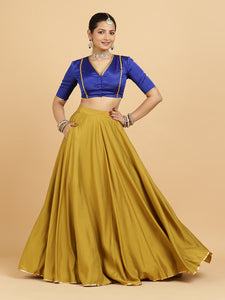 Jhalak Begum 4-Pc Lehenga Set x Tyohaar | Mustard Lehenga, Cobalt Blue Blouse with Heena Olive Green Dupatta and Cancan Skirt