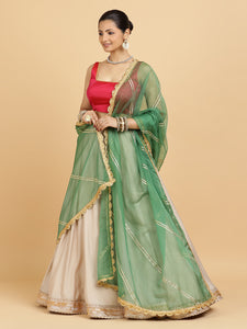 Zainab Zeba 3-Piece Lehenga Set | Oyster Grey Lehenga, Rani Pink Blouse | With Panna Emerald Green Dupatta