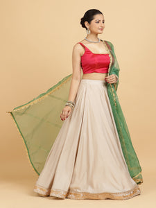 Zainab Zeba 3-Piece Lehenga Set | Oyster Grey Lehenga, Rani Pink Blouse | With Panna Emerald Green Dupatta