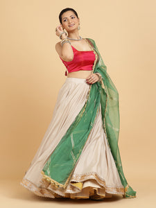 Zainab Zeba 3-Piece Lehenga Set | Oyster Grey Lehenga, Rani Pink Blouse | With Panna Emerald Green Dupatta