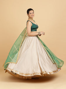 Zainab Ishika 3-Piece Lehenga Set | Oyster Grey Lehenga, Bottle Green Blouse | With Panna Emerald Green Dupatta