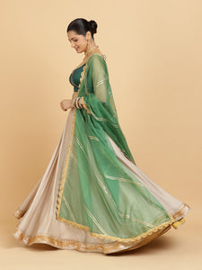 Zainab Ishika 3-Piece Lehenga Set | Oyster Grey Lehenga, Bottle Green Blouse | With Panna Emerald Green Dupatta