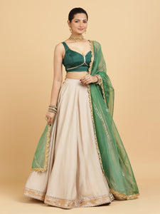 Zainab Ishika 4-Pc Lehenga Set x Tyohaar | Oyster Grey Lehenga, Bottle Green Blouse with Panna Emerald Green Dupatta and Cancan Skirt