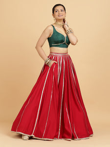 Madhuri Ishika 4-Pc Lehenga Set x Tyohaar | Red Lehenga, Bottle Green Blouse with Panna Emerald Green Dupatta and Cancan Skirt